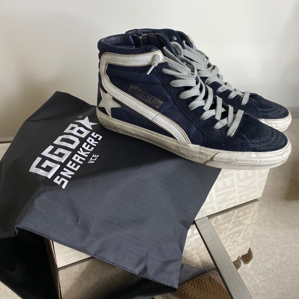 GOLDEN GOOSE-Navy Denim Distressed High-Top Slide